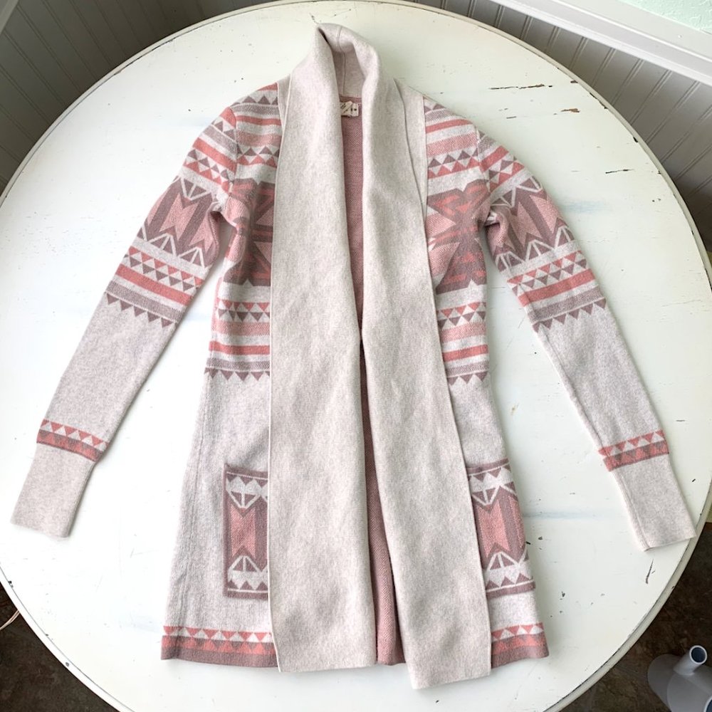 “Yet Again” Long Sweater Cardigan with Pockets Aztec Peach and Cream - Sz XS
